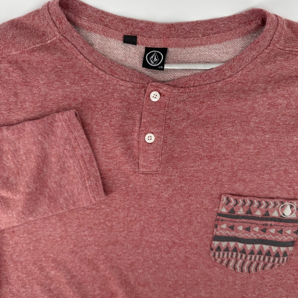 Volcom Henley Shirt Men Large Red Pink Long Sleeve True To This Aztec Pocket Y2K